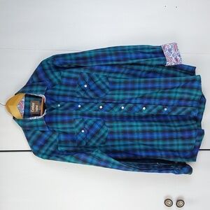 Cowboy Legend Mens Blue/ Green Vibrant Plaid western pearl Snap Shirt Sz.L